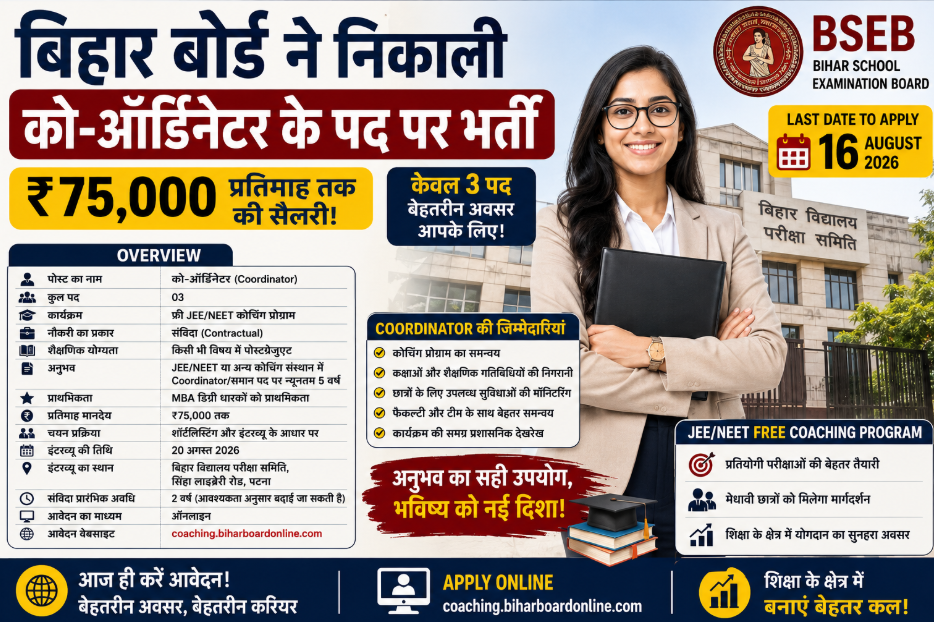 Bihar Board Coordinator Recruitment 2026: ₹75,000 प्रति महीने तक Salary, Coordinator पद पर भर्ती, जानें Eligibility और Apply Process