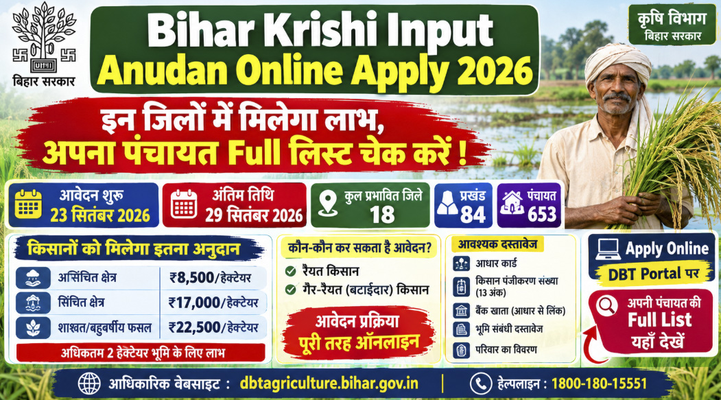 Bihar Krishi Input Anudan Online Apply 2026: 18 जिलों की 653 पंचायतों में मिलेगा लाभ, Full Panchayat List Check करें