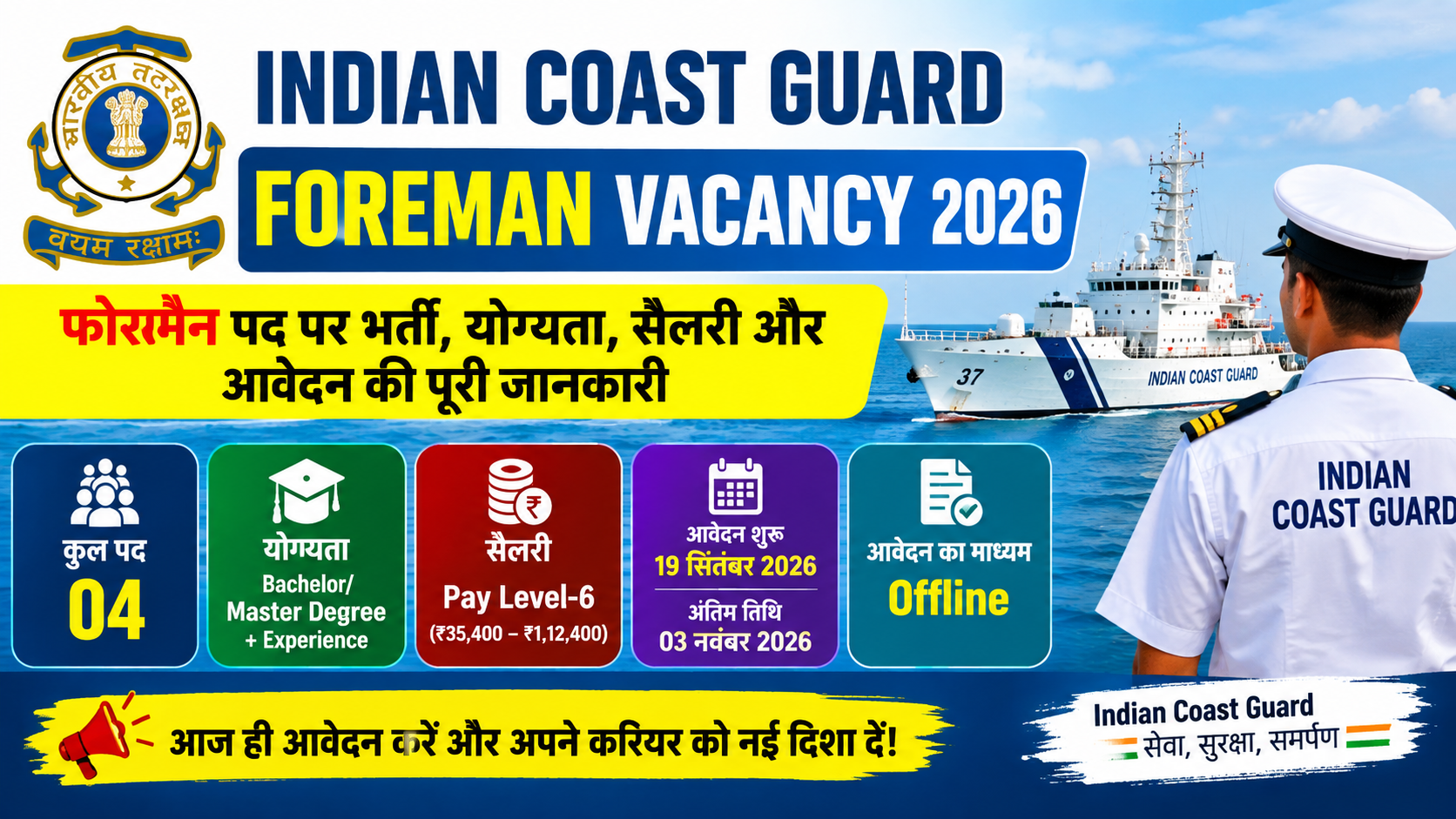 Indian Coast Guard Foreman Vacancy 2026: 4 Posts, Eligibility, Salary & Apply 1 Indian Coast Guard Foreman Vacancy 2026: 4 Posts, Eligibility, Salary & Apply