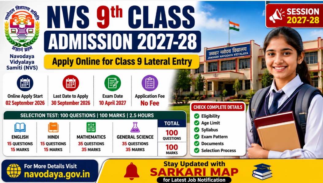 NVS Class 9 Admission 2027-28: Apply Online, Eligibility, Age Limit, Exam Date & Syllabus 1 NVS Class 9 Admission 2027-28 के लिए online application शुरू हो गया है। जानें eligibility, age limit, exam date, syllabus, exam pattern, documents और selection process.