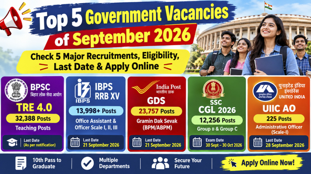 Top 5 Government Vacancies of September 2026: Check 5 Major Recruitments, Eligibility, Last Date & Apply Online 1 Top 5 Government Vacancies of September 2026: Check 5 Major Recruitments, Eligibility, Last Date & Apply Online