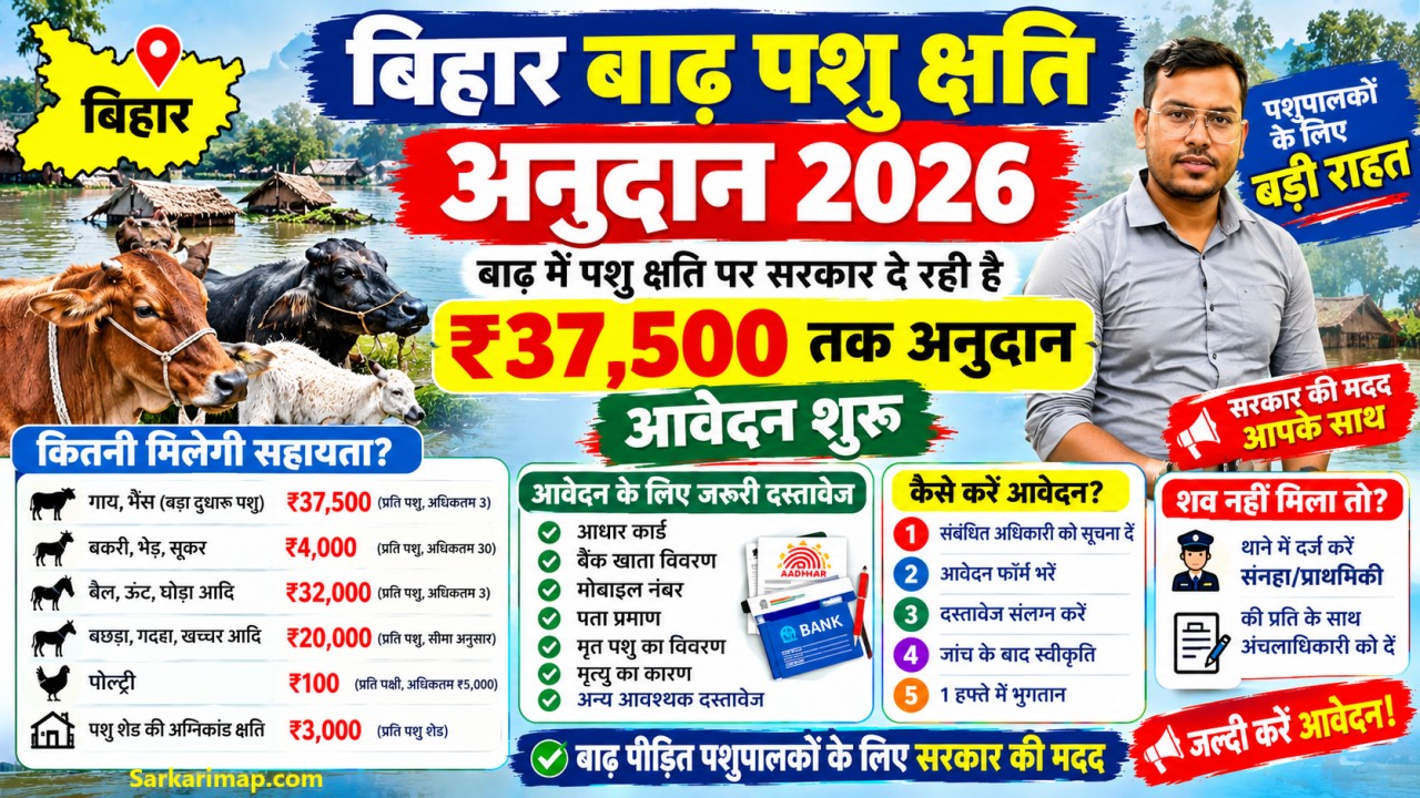 Bihar Badh Pashu Chhati Anudan 2026: बिहार बाढ़ में पशु क्षति पर सरकार दे रही है ₹37,500 तक अनुदान, आवेदन शुरू 1 bihar Badh Pashu Chhati Anudan 2026