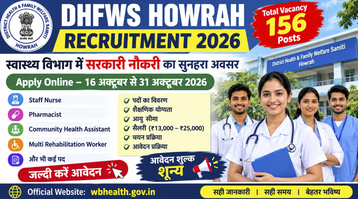DHFWS Howrah Recruitment 2026: Apply Online for 156 Health Department Vacancies, Check Eligibility, Salary and Last Date 1 DHFWS Howrah Recruitment 2026: Apply Online for 156 Health Department Vacancies, Check Eligibility, Salary and Last Date